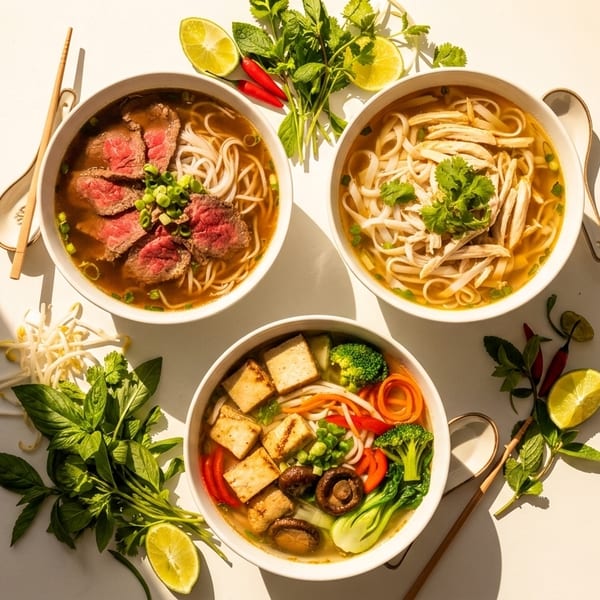 Overhead view of three pho bowls: beef, chicken, and tofu, surrounded by fresh garnishes.