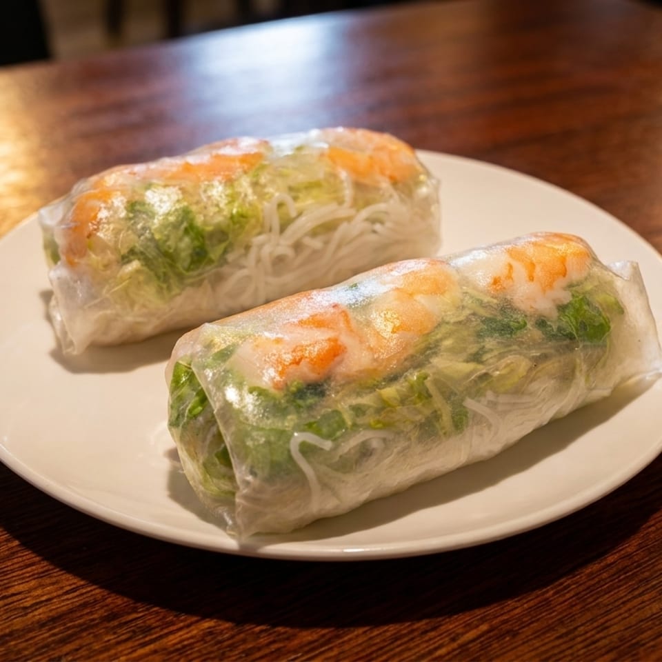 Two shrimp and vegetable spring rolls on a white plate atop a wooden table.