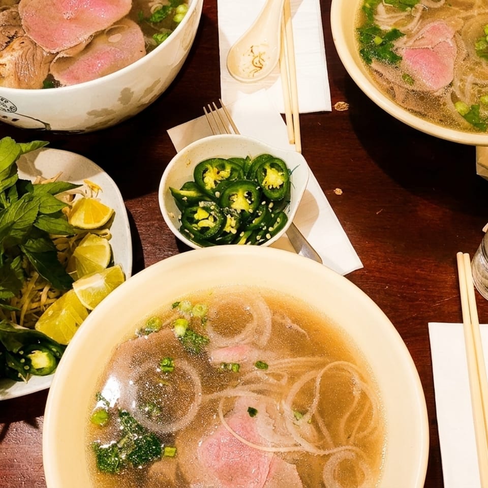 Three bowls of pho with beef, herbs, bean sprouts, lime, and jalapeños on a dark wooden table.