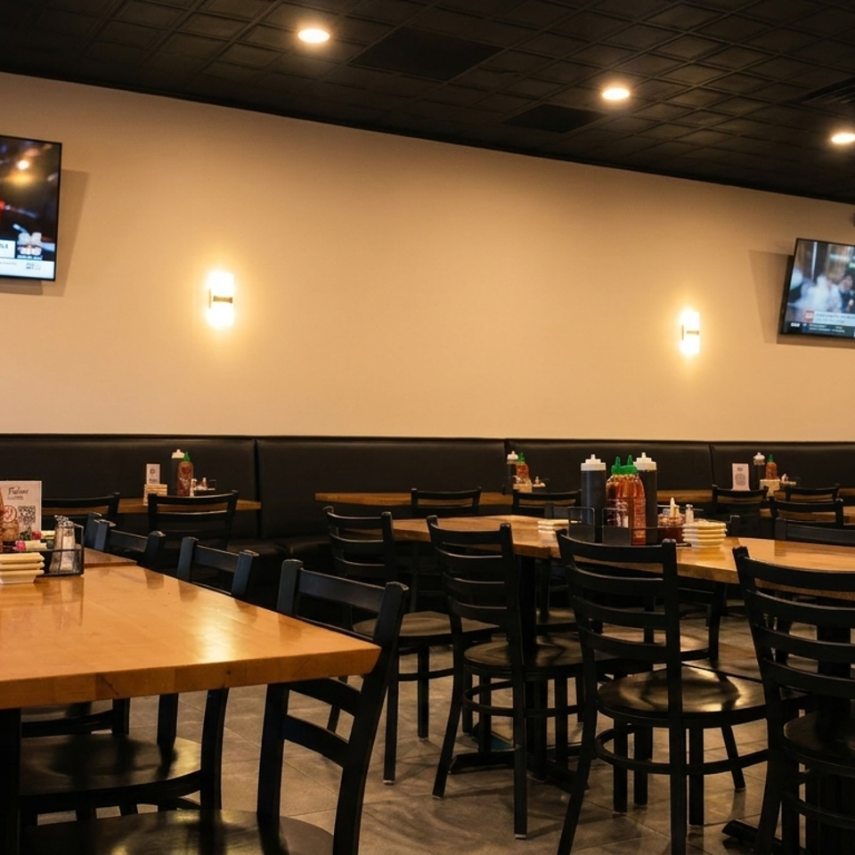 Empty restaurant dining room with wooden tables, black chairs, booth seating, and wall-mounted TVs.